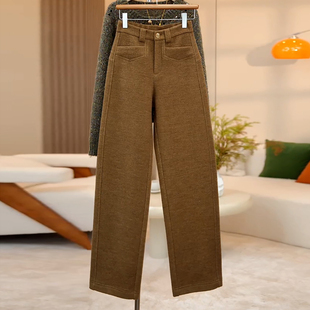 Ader冬季加绒加厚窄版直筒羊毛裤女2025新款气质简约百搭休闲裤子