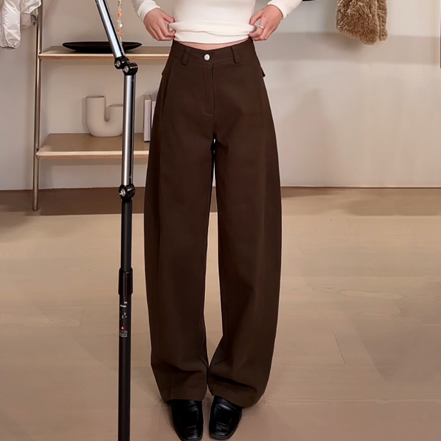 棕色高腰窄版直筒百搭显瘦镰刀裤