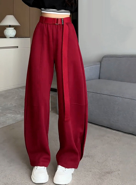 Ader红色阔腿弯刀裤女2025春季新款时尚潮流运动宽松直筒休闲裤子