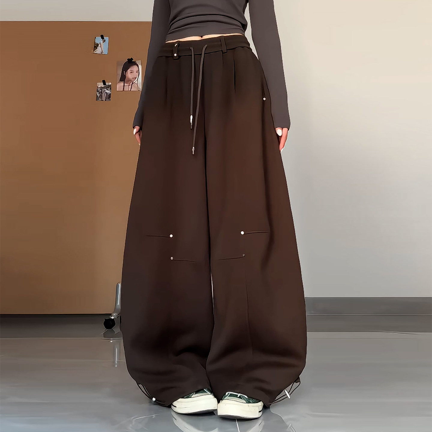 Ader个性美拉德咖色阔腿裤女2026秋季新款宽松显瘦高腰束脚休闲裤