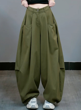 Ader军绿色韩系慵懒风阔腿休闲裤女2025秋季新款百搭显瘦弯刀裤潮
