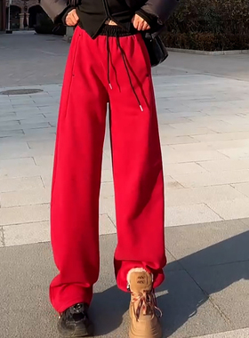 Ader红色加绒加厚弯刀卫裤女2025冬季新款宽松柔软亲肤保暖休闲裤