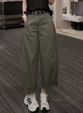 Ader军绿色九分工装休闲裤女2025夏季新款时尚百搭高腰宽松弯刀裤