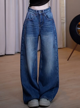 Ader蓝色加绒牛仔裤女2025冬季新款时尚百搭高腰宽松显瘦阔腿裤潮