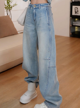Ader浅蓝色加绒加厚水洗牛仔裤女2025冬季新款宽松百搭显瘦休闲裤