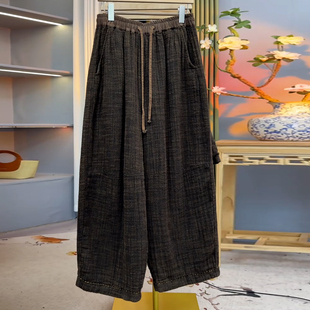 Ader双色织麻加厚休闲裤女2025冬季新款舒适简约亲肤保暖阔腿裤子