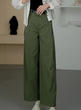 Ader军绿色九分气质休闲裤女2025夏季薄款时尚高腰宽松显瘦直筒裤