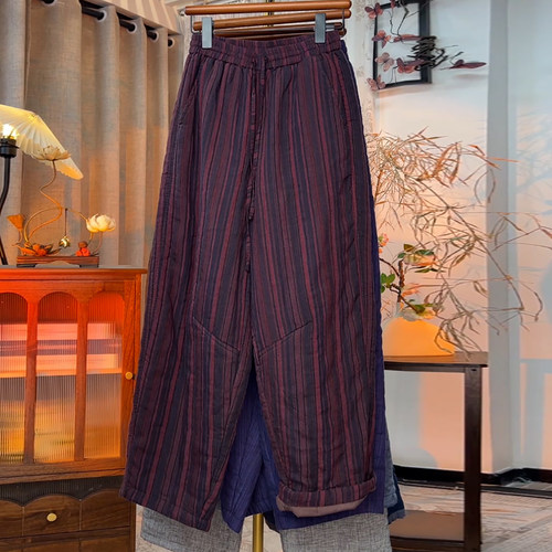 竖条纹加厚保暖防寒阔腿弯刀裤