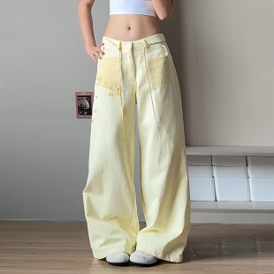 Ader温柔少女风刺绣休闲长裤女2026夏季新款高腰垂感阔腿拖地裤子