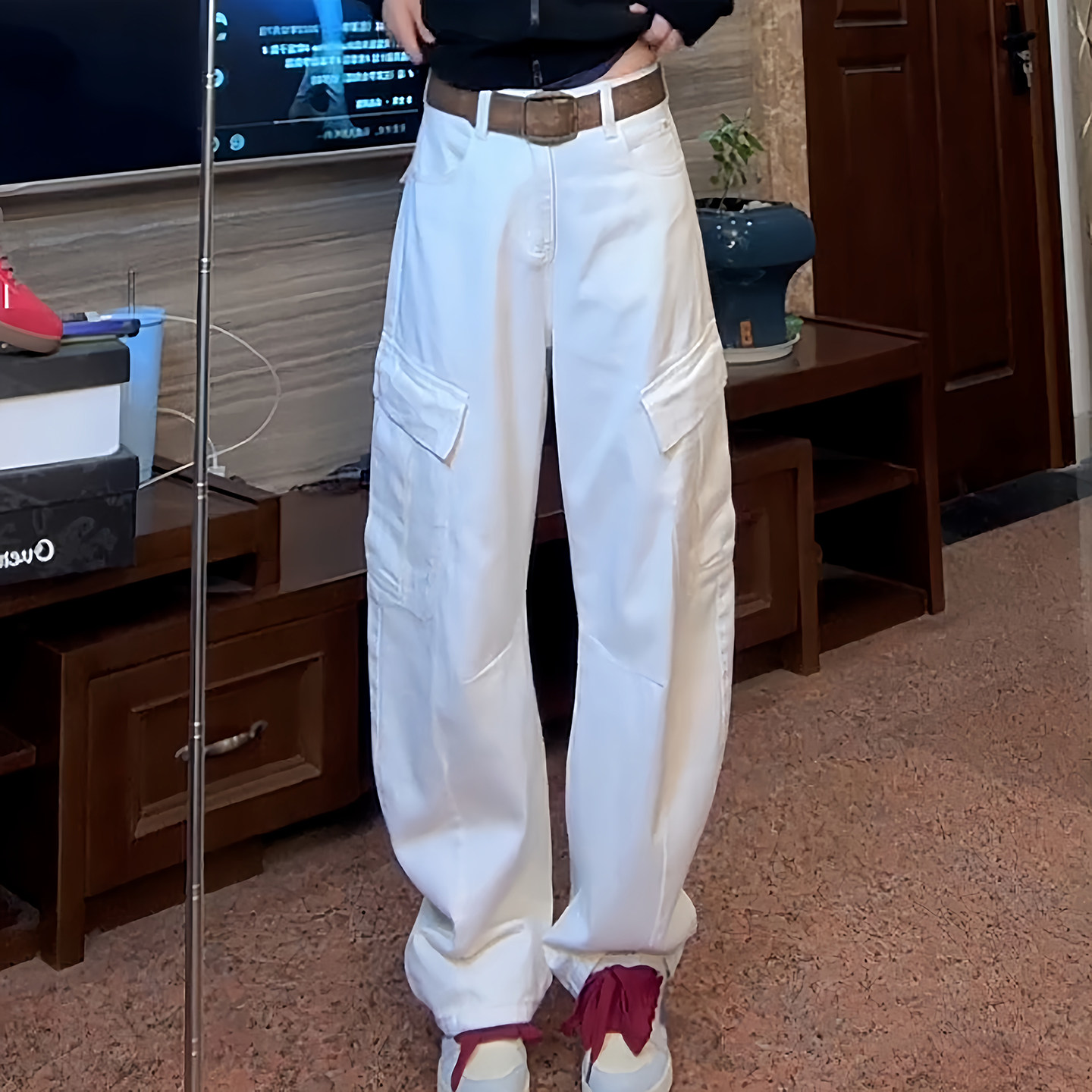 Ader牛仔工装裤女2026春季新款白色高腰宽松阔腿百搭休闲弯刀裤潮,女装/女士精品,大码裤装,淘宝优惠券,粉丝福利购,淘宝优惠卷