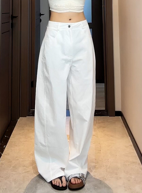Ader白色休闲裤女2026年早春新款时尚高腰宽松遮胯减龄阔腿弯刀裤