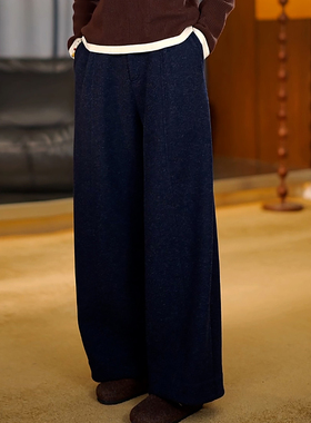 Ader藏蓝色醋酸羊毛休闲裤女2025冬季新款高腰气质简约百搭阔腿裤