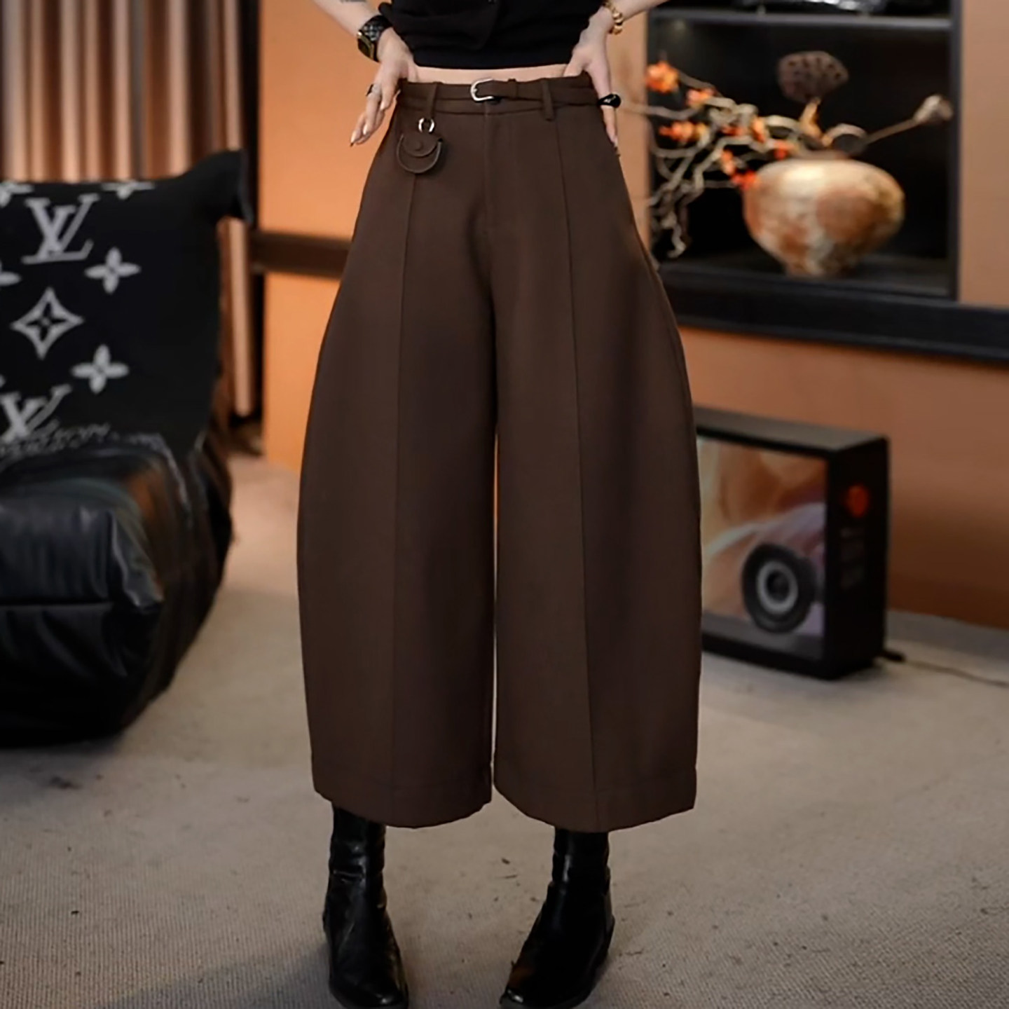 Ader咖色加绒加厚羊毛八分裤女2025冬季新款韩系阔腿百搭休闲裤,女装/女士精品,大码裤装,淘宝优惠券,粉丝福利购,淘宝优惠卷