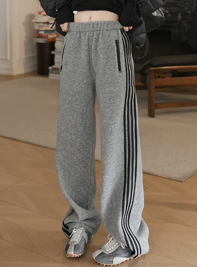 Ader冬季加绒羊毛休闲裤女2025新款百搭显瘦侧边竖条纹可束脚裤子