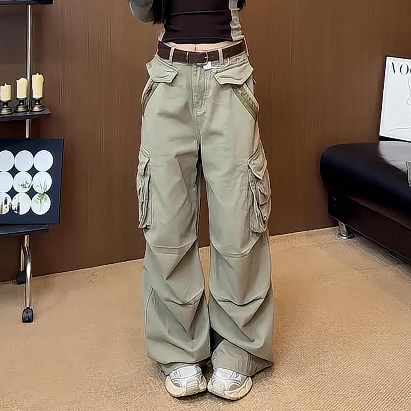 Ader美式复古风多口袋工装裤女2026秋冬新款高腰宽松显瘦阔腿长裤