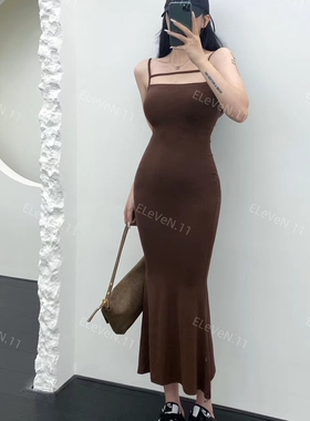 纯欲性感～辣妹修身显瘦包臀黑色吊带连衣裙女打底长裙子新款2023