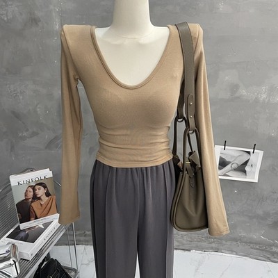 长袖女垫肩上衣加绒T恤打底衫秋