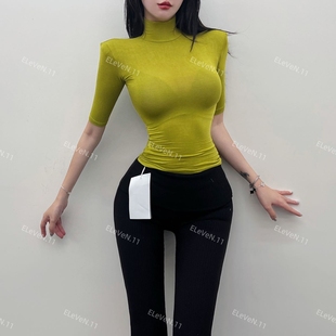 型绝了 T恤女五分袖 高领垫肩中袖 修身 上衣弹力内搭2025秋 打底衫 版