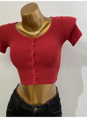 甜辣风～紧身短袖T恤女时髦小开衫2024韩国圆领高腰气质打底衫潮