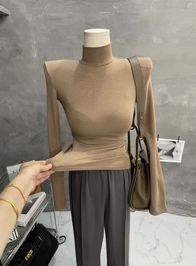 高级感~柔软基础款高领打底衫女加绒长袖T恤修身纯色韩版上衣秋冬