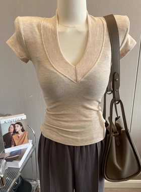 韩版垫肩V领上衣修身短袖T恤女薄
