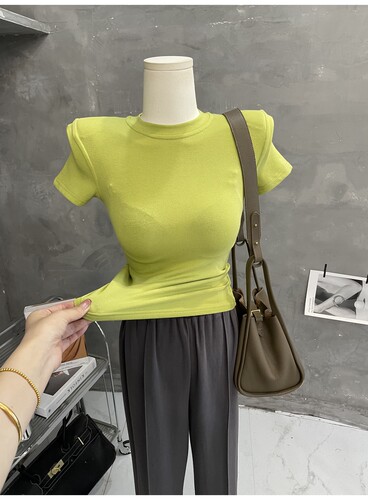 垫肩短袖T恤女圆领上衣紧身