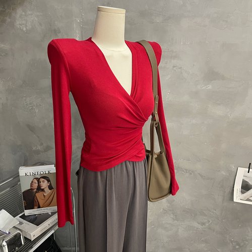 长袖垫肩交叉V领女修身T恤上衣秋