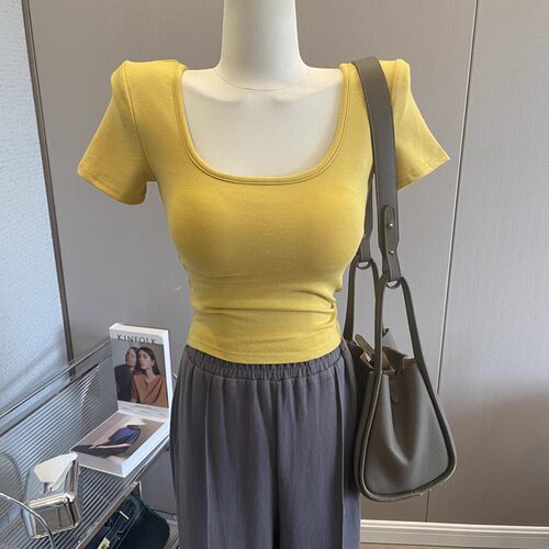 带胸垫垫肩上衣紧身短袖T恤打底