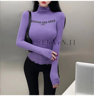 软糯加绒～韩版木耳边高领打底衫女修身加绒长袖T恤字母内搭新款