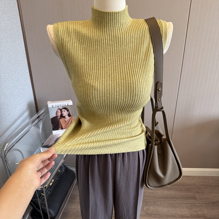 无袖半高领打底衫针织背心女上衣