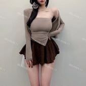 外搭春新款 值得入 两件套T恤上衣修身 短款 辣妹不规则抹胸长袖 开衫