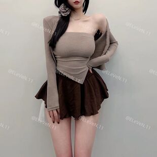 值得入~辣妹不规则抹胸长袖开衫两件套T恤上衣修身短款外搭春新款