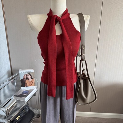 飘带挂脖针织背心女修身系带上衣