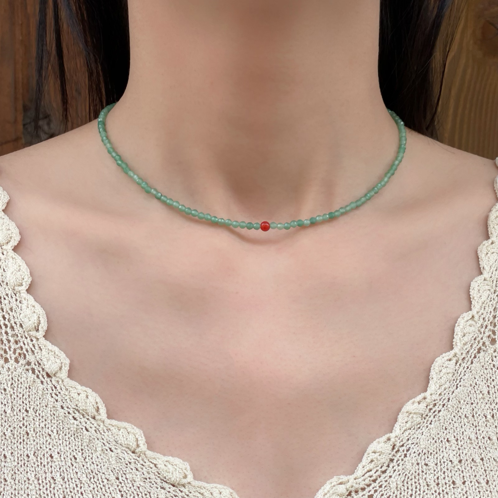 新中式项链女生天然晶石东陵玉珍珠紫水晶虎眼石玛瑙钛钢细锁骨链