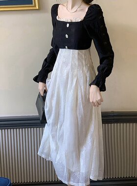 赫本风法式复古高级感气质女神范名媛方领长袖蕾丝连衣裙女秋冬季