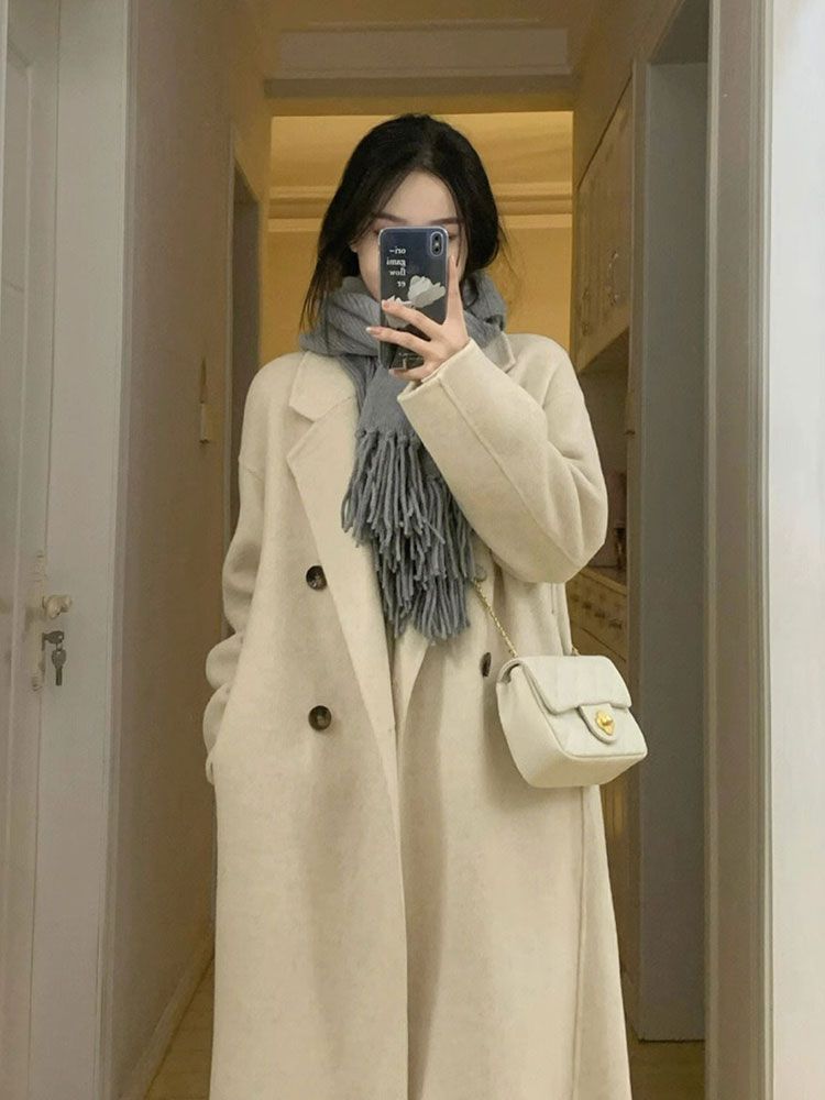 轻奢高级感名媛风米白色呢子大衣女加厚中长款毛呢外套女网红爆款