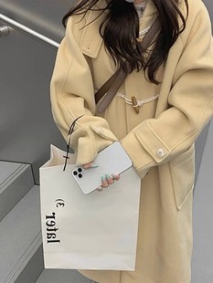 2024新款 黄色牛角扣毛呢外套女秋冬季 大衣小个子韩系温柔加厚风衣