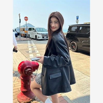 2025秋冬新款黑色Pu女士套装夹克，中长，宽松，港式，高端，街头