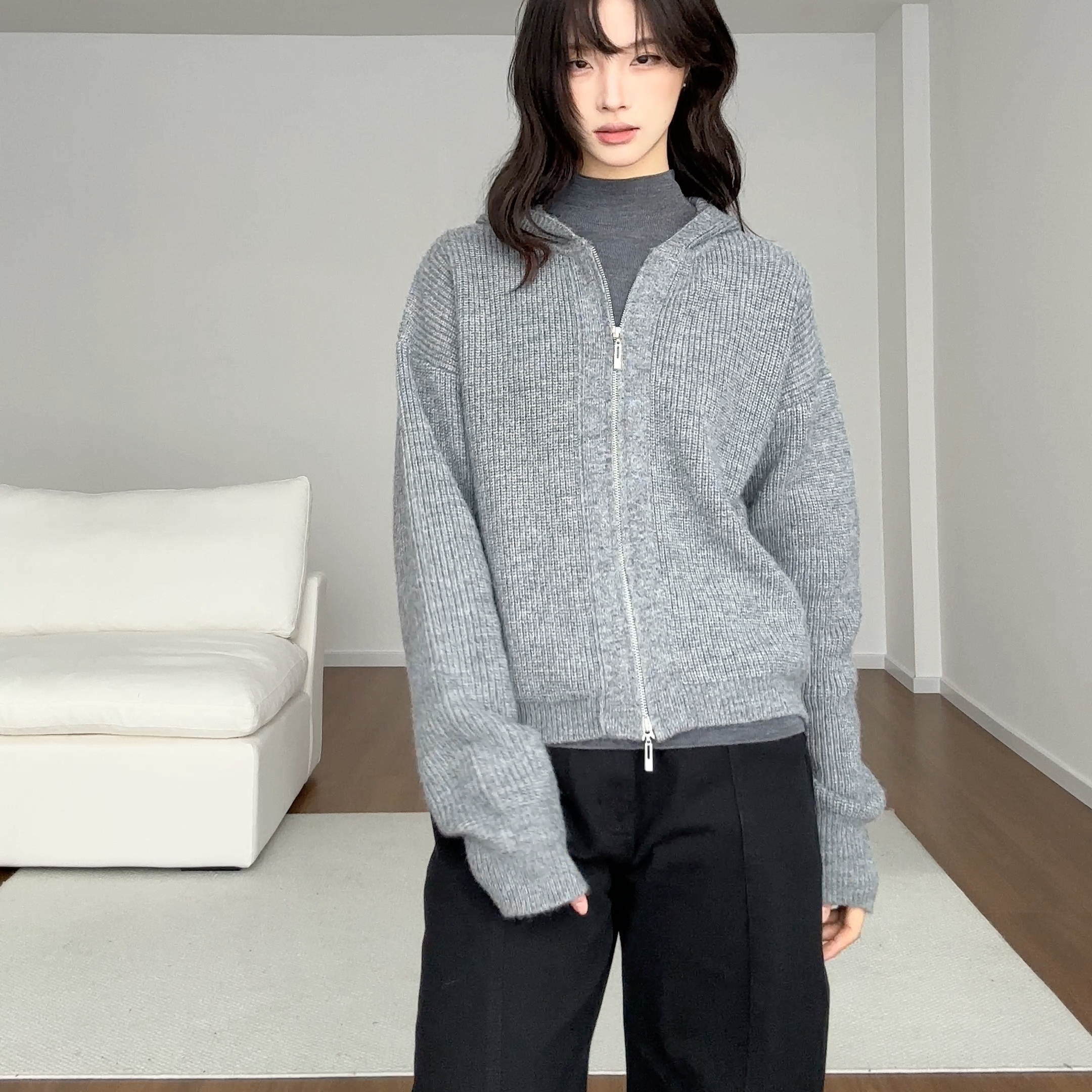 双拉链连帽针织开衫叠穿外套