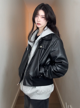 zzzdays摩登朋克 黑色皮衣女2024夏季百搭宽松短款PU皮夹克外套女