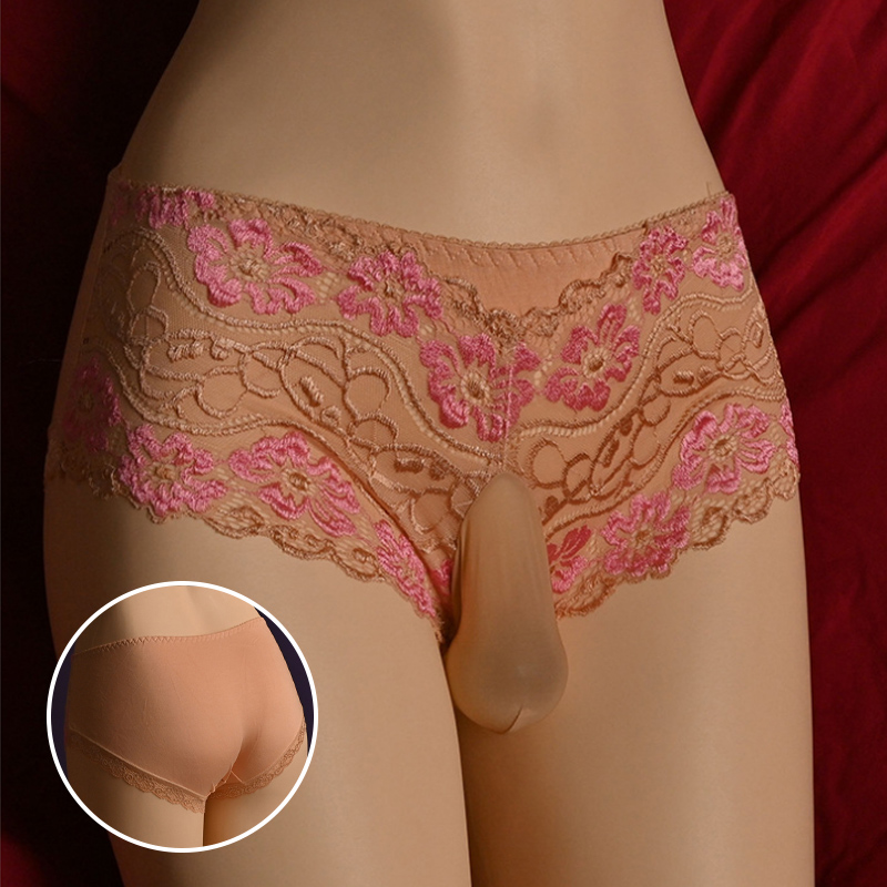 性感男士内裤飞机丝袜jj套蕾丝花藤油光丝滑包蛋开口伪娘诱惑内裤