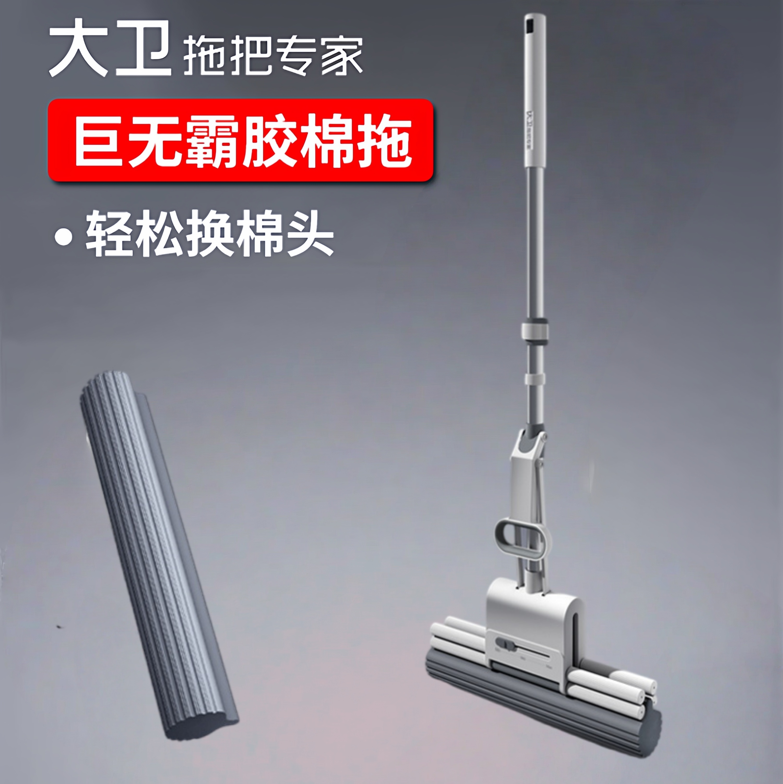 大卫M12滚轮吸水胶棉拖把共2个头