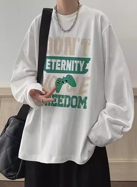 重磅白色长袖T恤男秋季潮牌打底衫宽松休闲学生百搭圆领内搭上衣