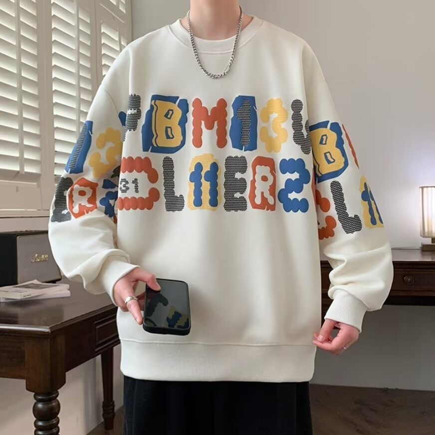 重磅圆领长袖T恤男士春秋季潮牌