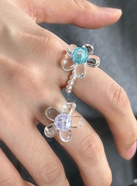 琉璃小花蓝紫优化水晶珍珠戒指