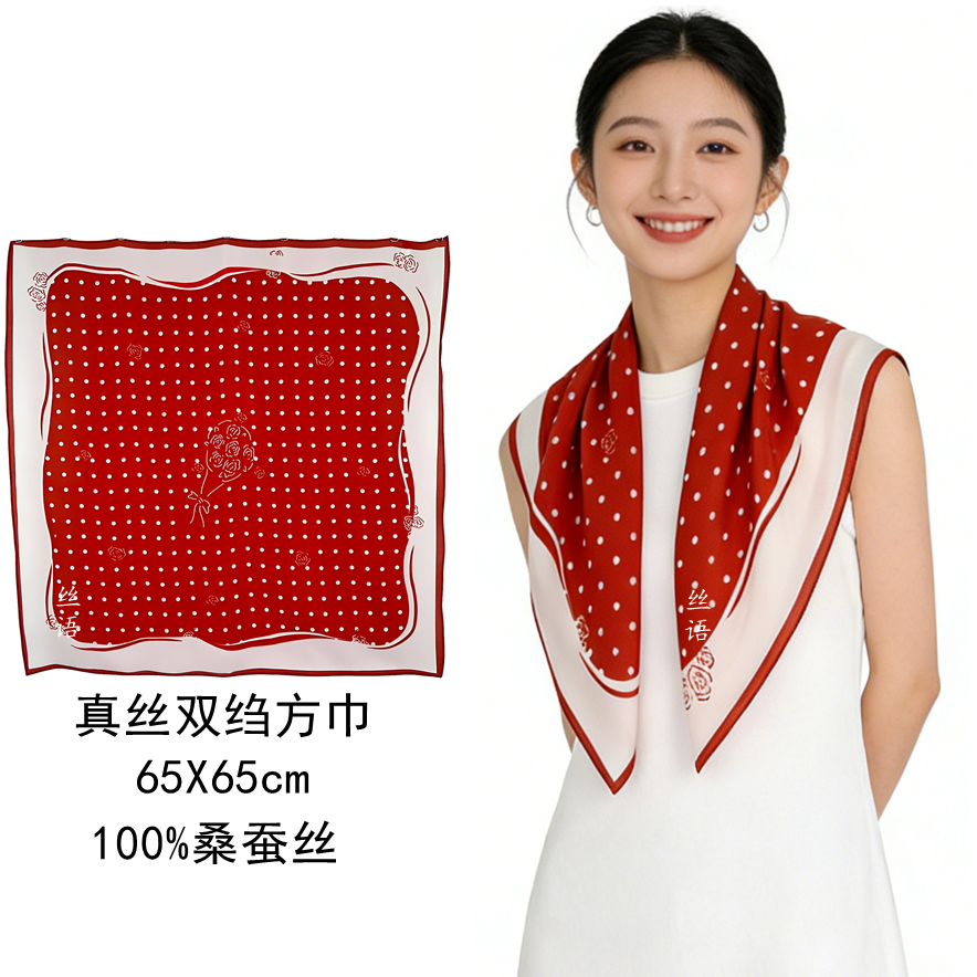 波点山茶【真丝双绉65cm方巾】丝巾时尚优雅桑蚕丝围巾丝巾中方巾