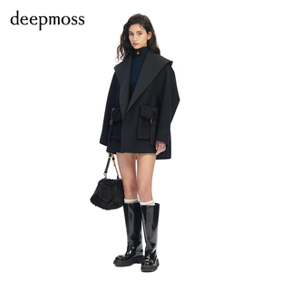 deepmoss 2023秋冬新款 女装 饰连帽羊毛外套 时尚 出街卷轴贴袋装