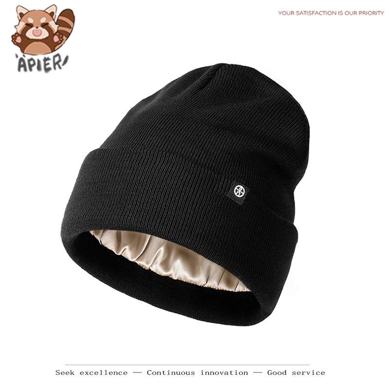 Apier冬季针织帽子女冬季户外保暖套头护耳帽男丝绸衬里翻边冷帽