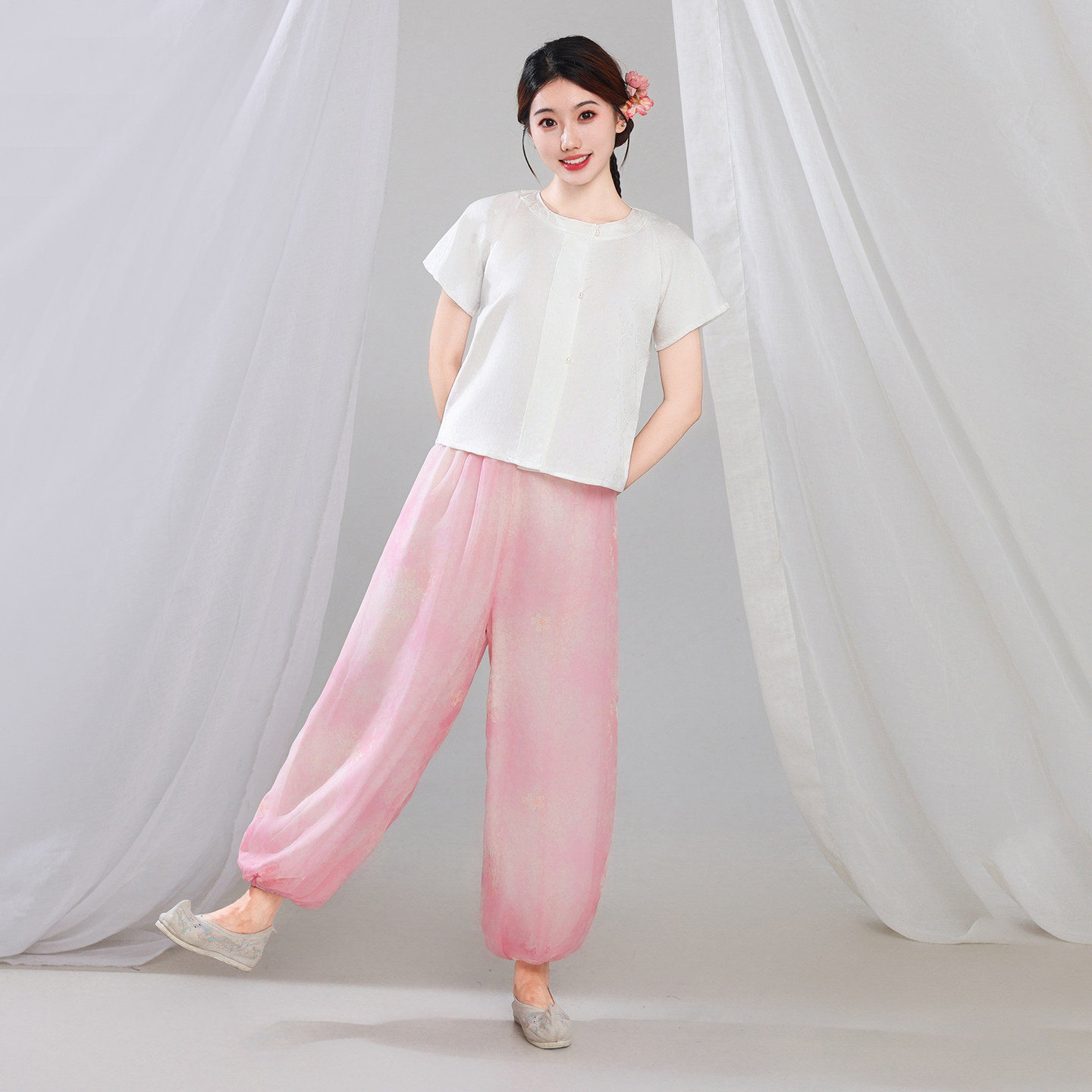 新款日常古风唐汉服女裤子粉色夏季款薄款宽松双层灯笼裤套装