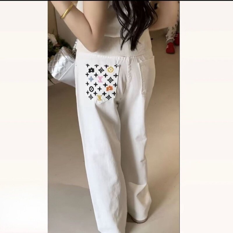 彩色刺绣直筒牛仔裤女夏季韩版ins高腰显瘦学生休闲垂感阔腿长裤